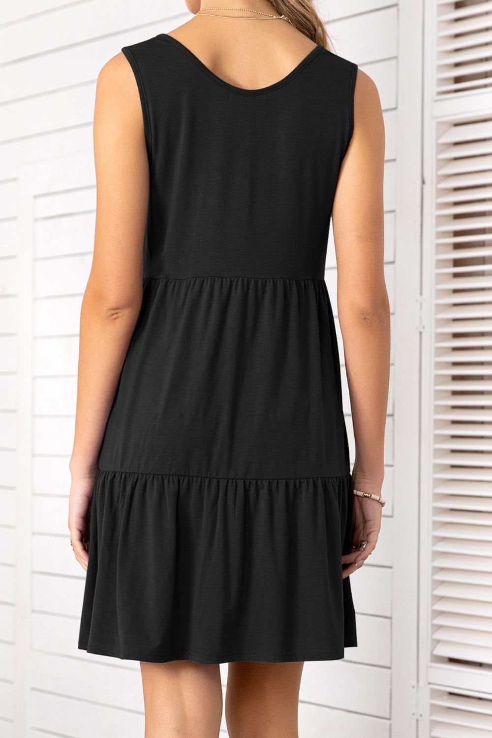 Decorative Button Scoop Neck Sleeveless Tiered Dress  Dresses- Doll Fits