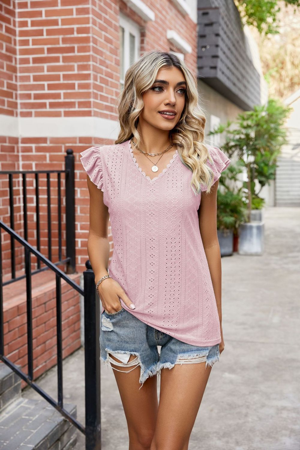 Eyelet Flutter Sleeve Scalloped V-Neck Top  Shirts & Tops- Doll Fits