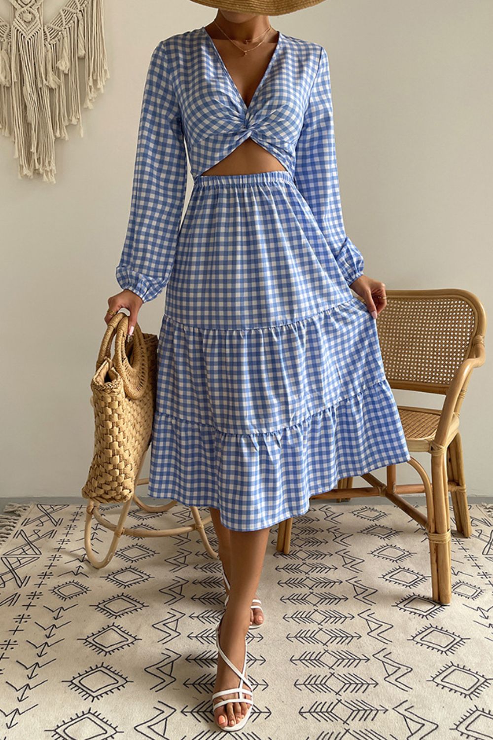 Plaid Cutout Twist Front Midi Dress  Dresses- Doll Fits