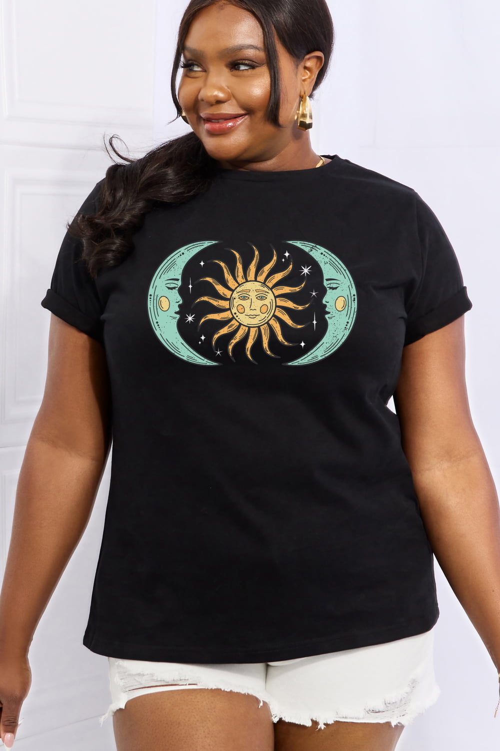 Simply Love Full Size Sun & Moon Graphic Cotton Tee  Shirts & Tops- Doll Fits