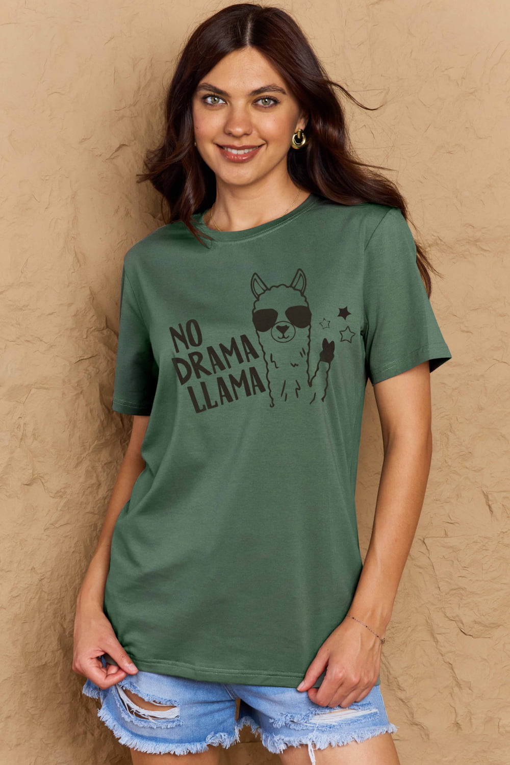 Simply Love Full Size NO DRAMA LLAMA Graphic Cotton Tee  - Doll Fits