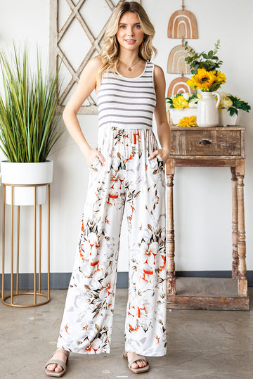 Striped Floral Sleeveless Wide Leg Jumpsuit with Pockets  Jumpsuits & Rompers- Doll Fits