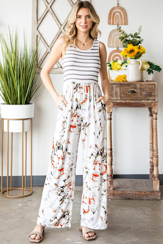 Striped Floral Sleeveless Wide Leg Jumpsuit with Pockets  Jumpsuits & Rompers- Doll Fits