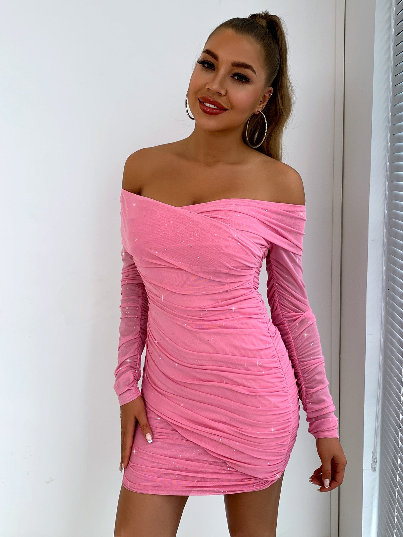 Glitter Off-Shoulder Ruched Bodycon Dress  Dresses- Doll Fits