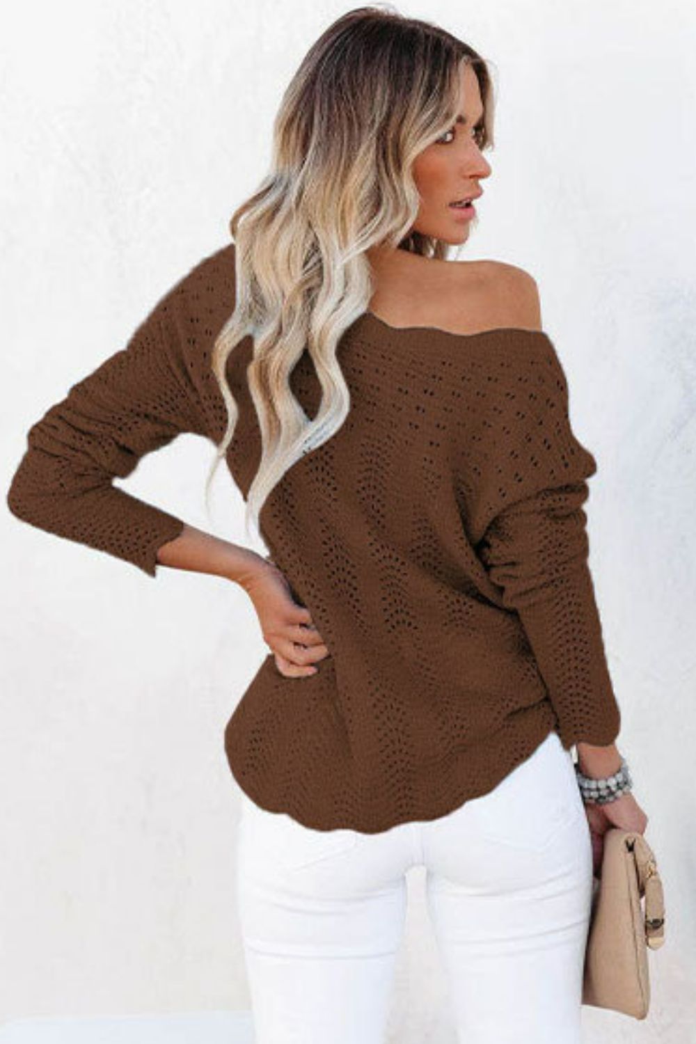 Scalloped Boat Neck Openwork Tunic Sweater  Shirts & Tops- Doll Fits