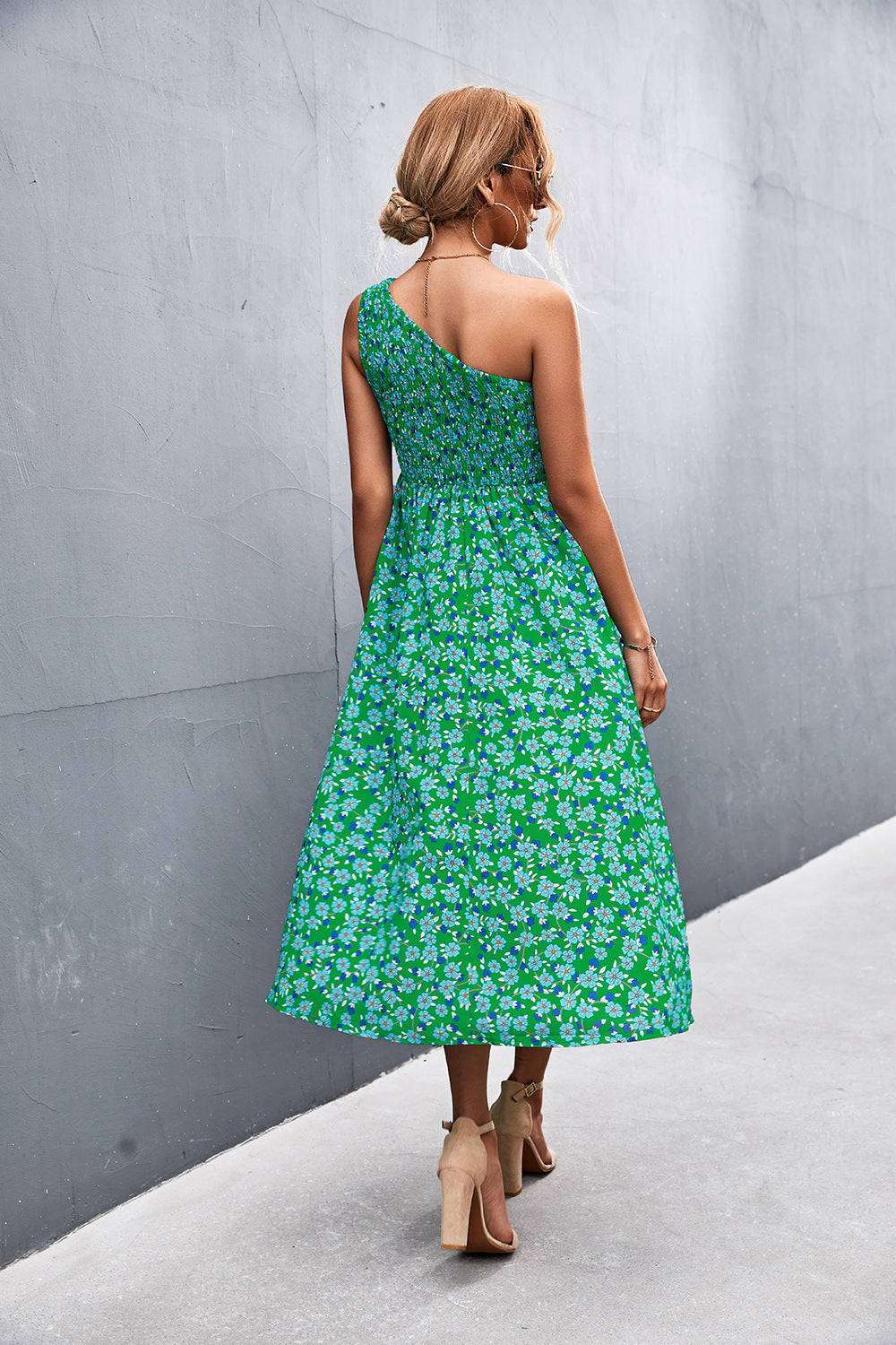 Floral Smocked One-Shoulder Midi Dress  Dresses- Doll Fits