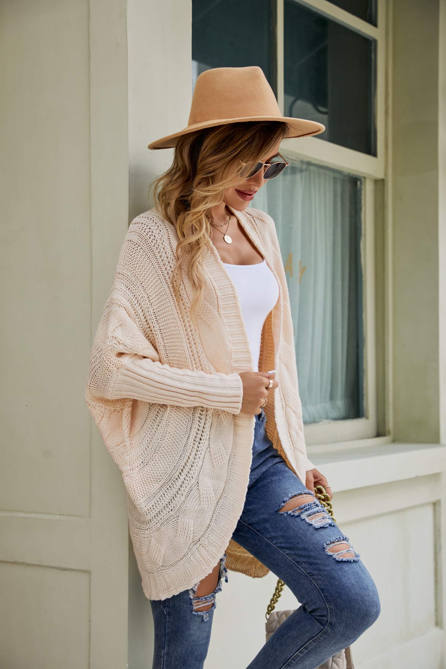 Mixed Knit Open Front Dolman Sleeve Cardigan  Coats & Jackets- Doll Fits