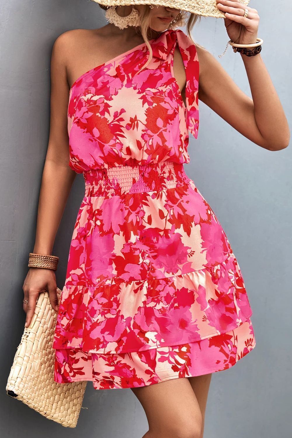 Floral Smocked Waist Tied One-Shoulder Dress  Dresses- Doll Fits