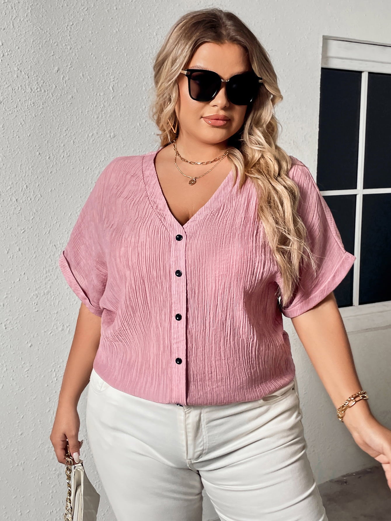 Plus Size Buttoned V-Neck Short Sleeve Blouse  Shirts & Tops- Doll Fits