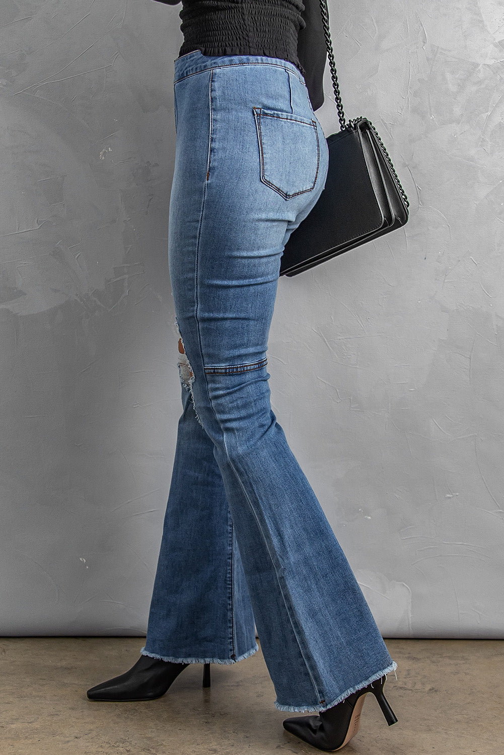 Distressed Raw Hem High-Waist Flare Jeans  Pants- Doll Fits