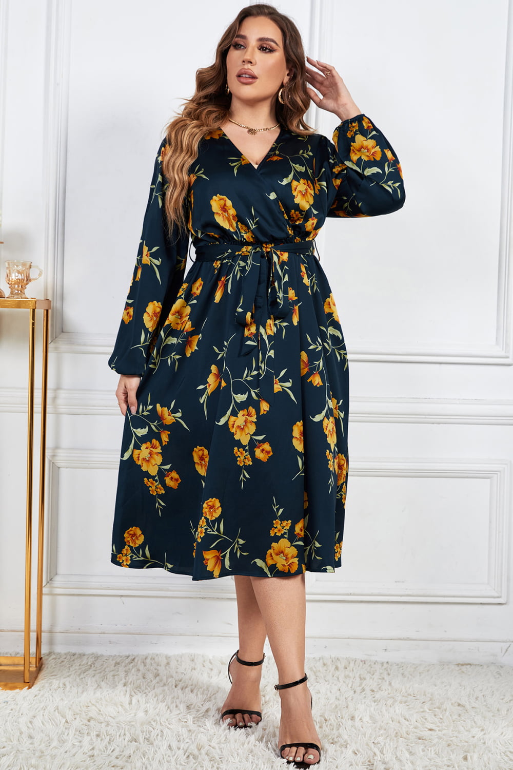 Melo Apparel Plus Size Floral Print Surplice Neck Midi Dress  Dresses- Doll Fits