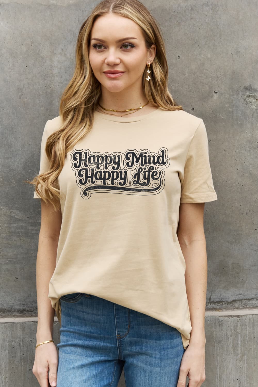 Simply Love Full Size HAPPY MIND HAPPY LIFE Graphic Cotton Tee  - Doll Fits