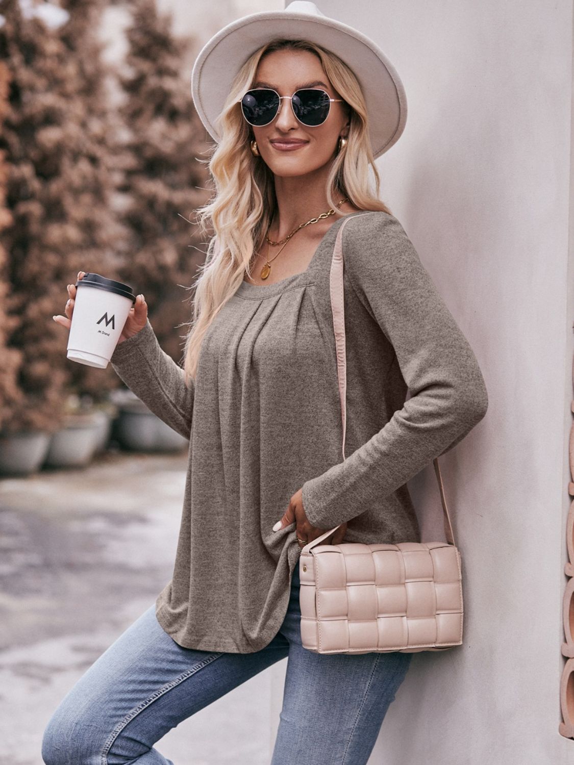 Pleated Detail Curved Hem Long Sleeve Top  Shirts & Tops- Doll Fits