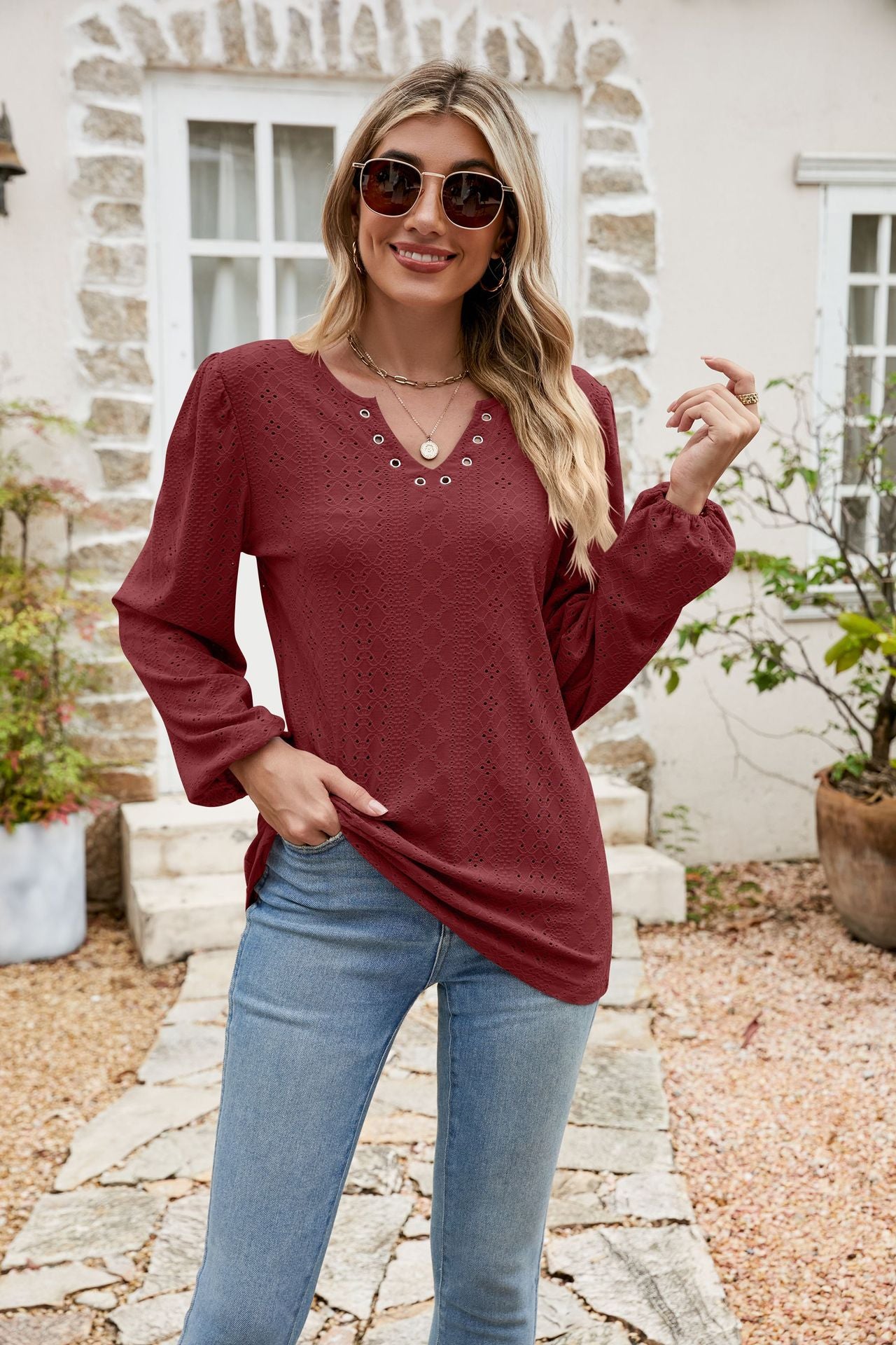 Eyelet Notched Neck Balloon Sleeve Blouse  Shirts & Tops- Doll Fits