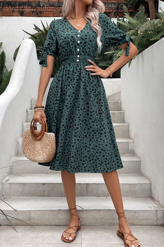 Printed Tie Cuff Smocked Waist Dress  Dresses- Doll Fits