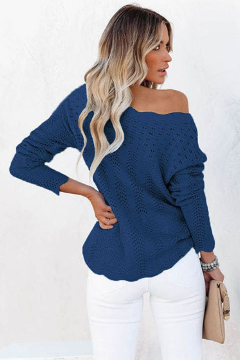 Scalloped Boat Neck Openwork Tunic Sweater  Shirts & Tops- Doll Fits
