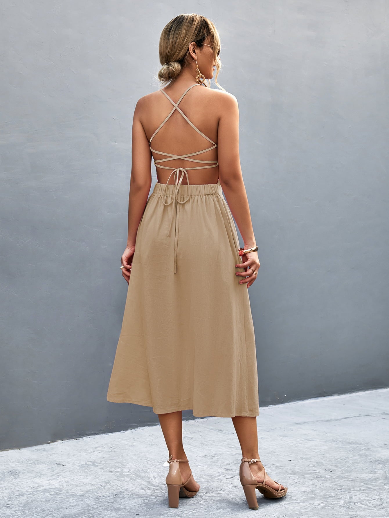 Buttoned Halter Neck Frill Trim Midi Dress  Dresses- Doll Fits