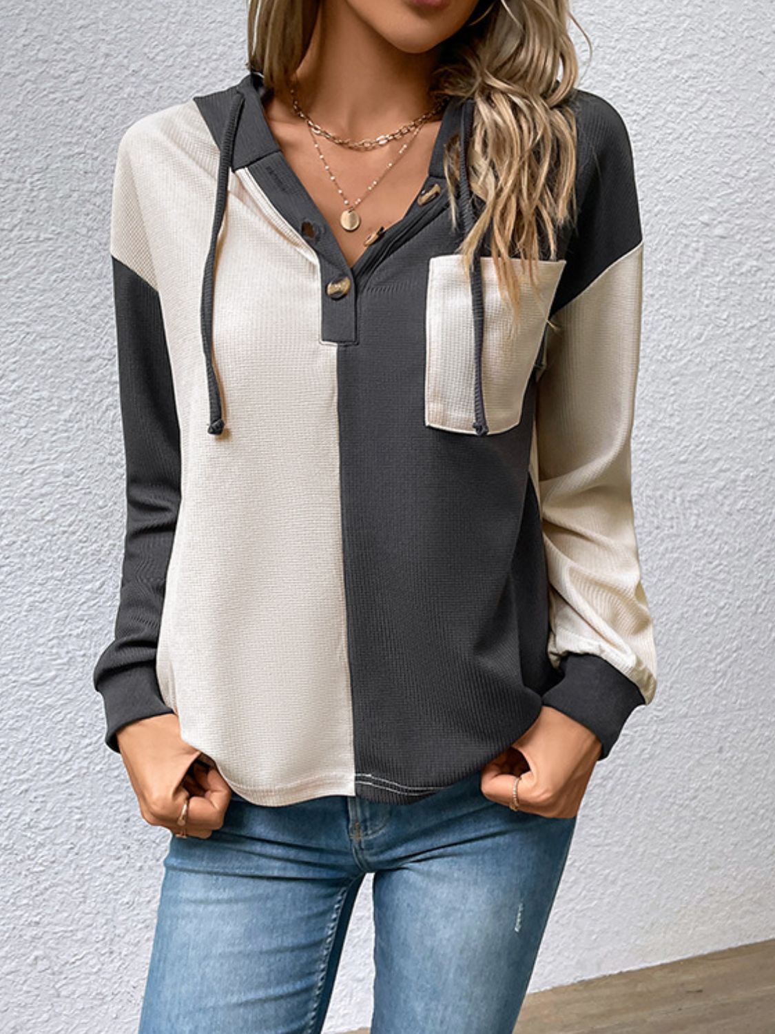 Contrast Color Button-Up Raglan Sleeve Hoodie  - Doll Fits