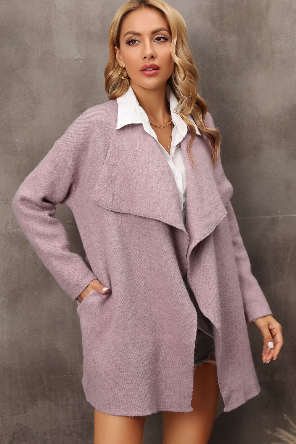 Waterfall Collar Longline Cardigan with Side Pockets  Coats & Jackets- Doll Fits
