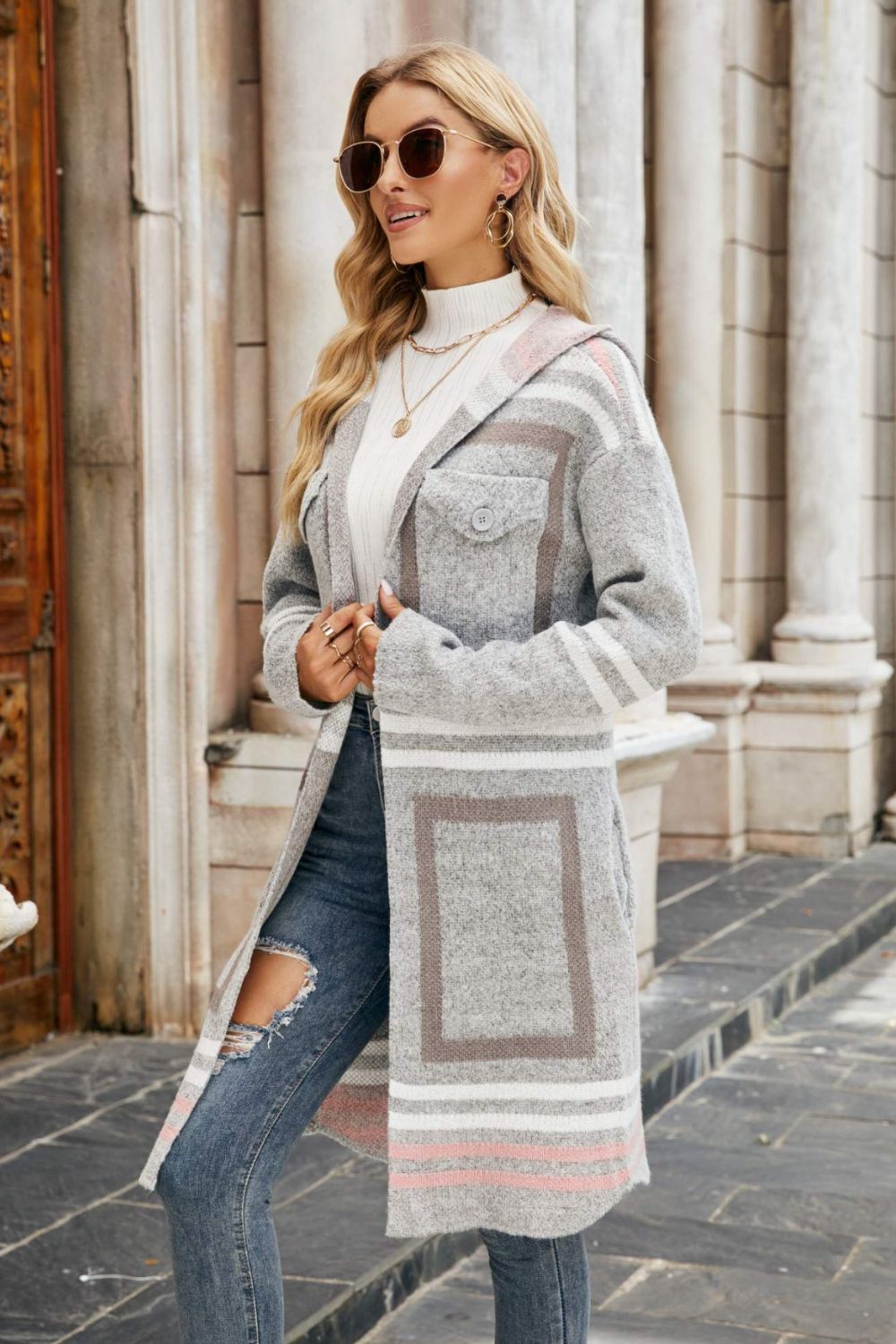 Printed Open Front Hooded Longline Cardigan  Coats & Jackets- Doll Fits