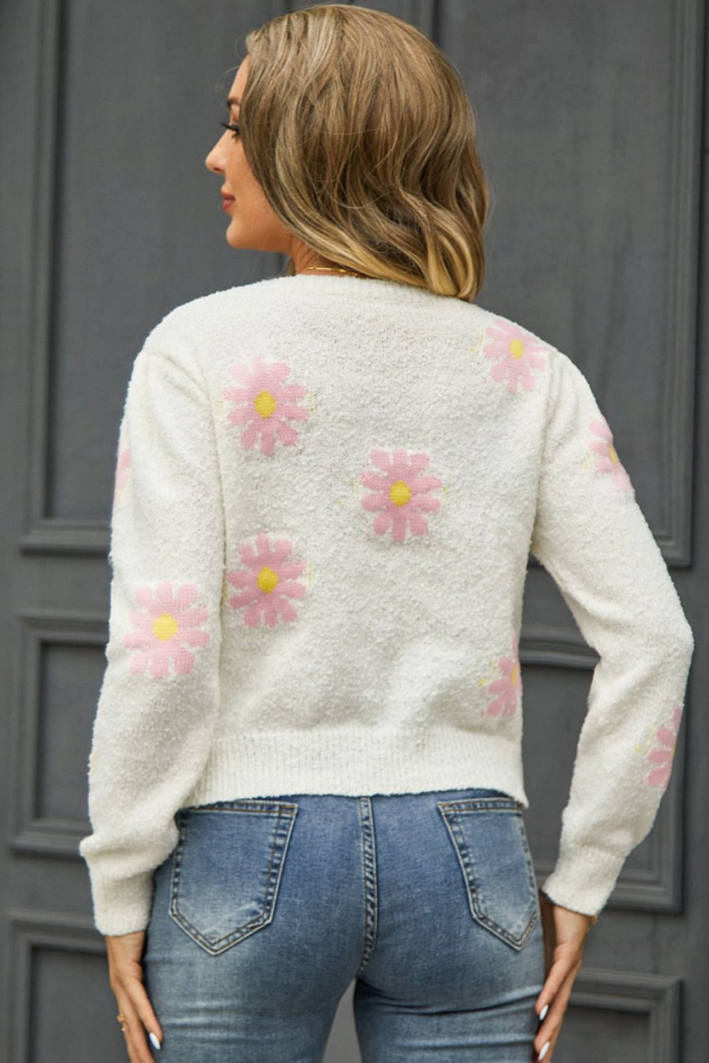 Flower Pattern Round Neck Short Sleeve Pullover Sweater  - Doll Fits