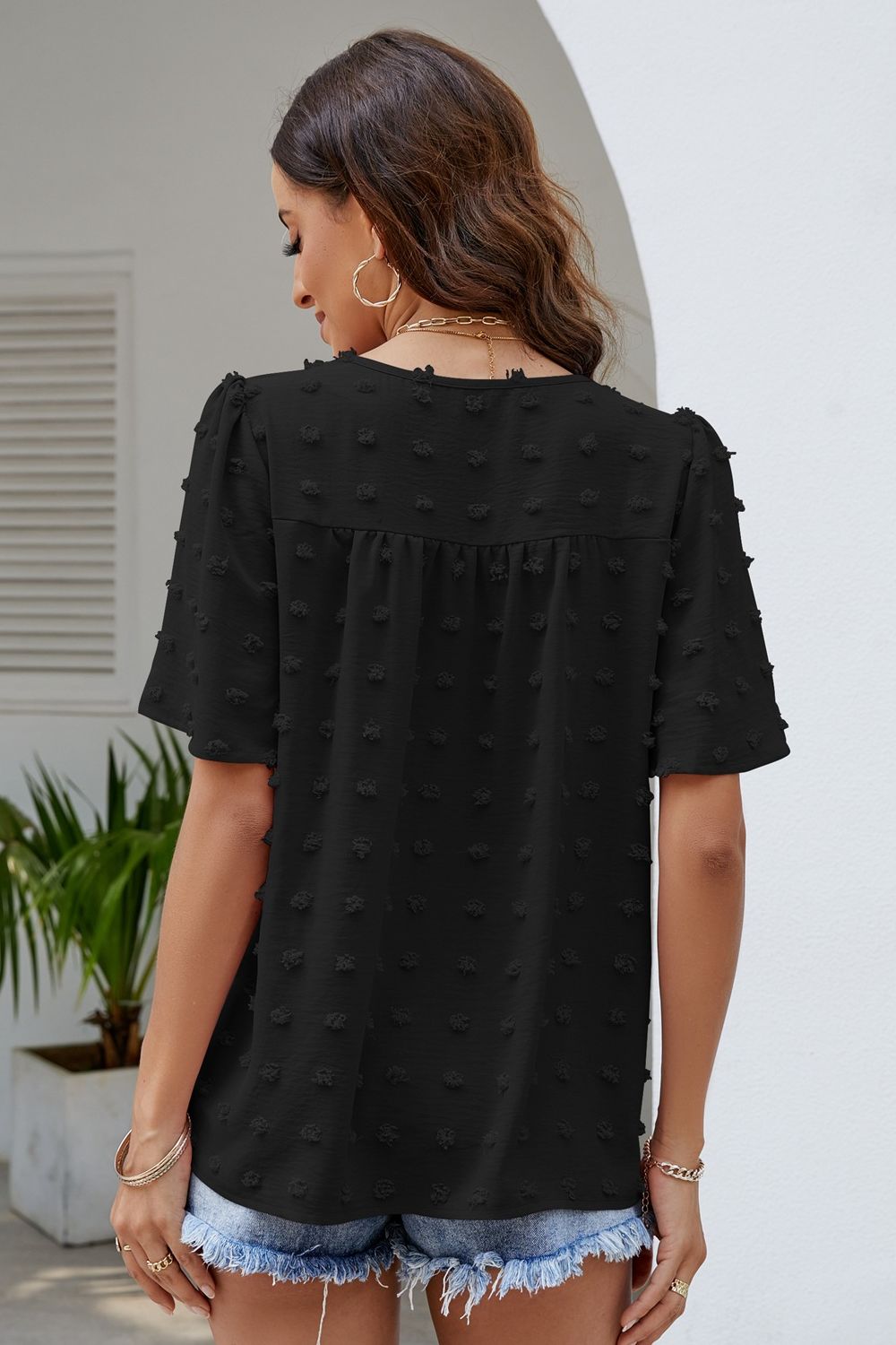 Swiss Dot Puff Sleeve Round Neck Blouse  Shirts & Tops- Doll Fits