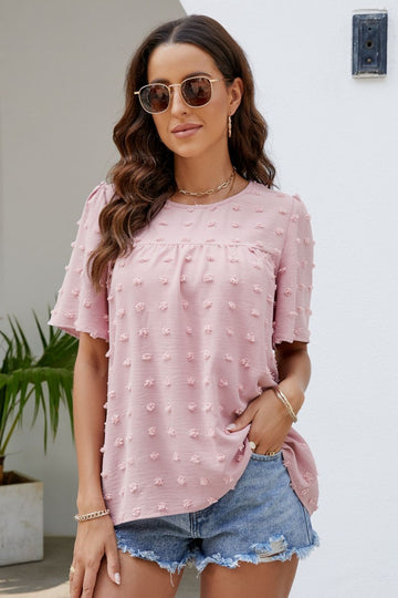 Swiss Dot Puff Sleeve Round Neck Blouse  Shirts & Tops- Doll Fits