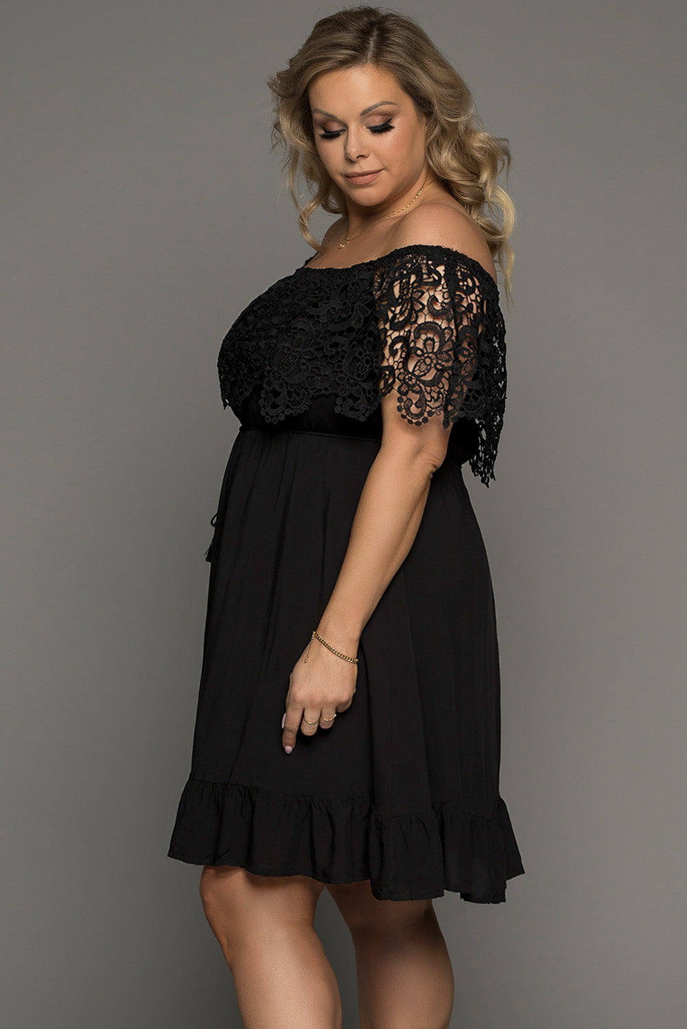 Plus Size Tassel Tie Spliced Lace Off-Shoulder Dress  Dresses- Doll Fits