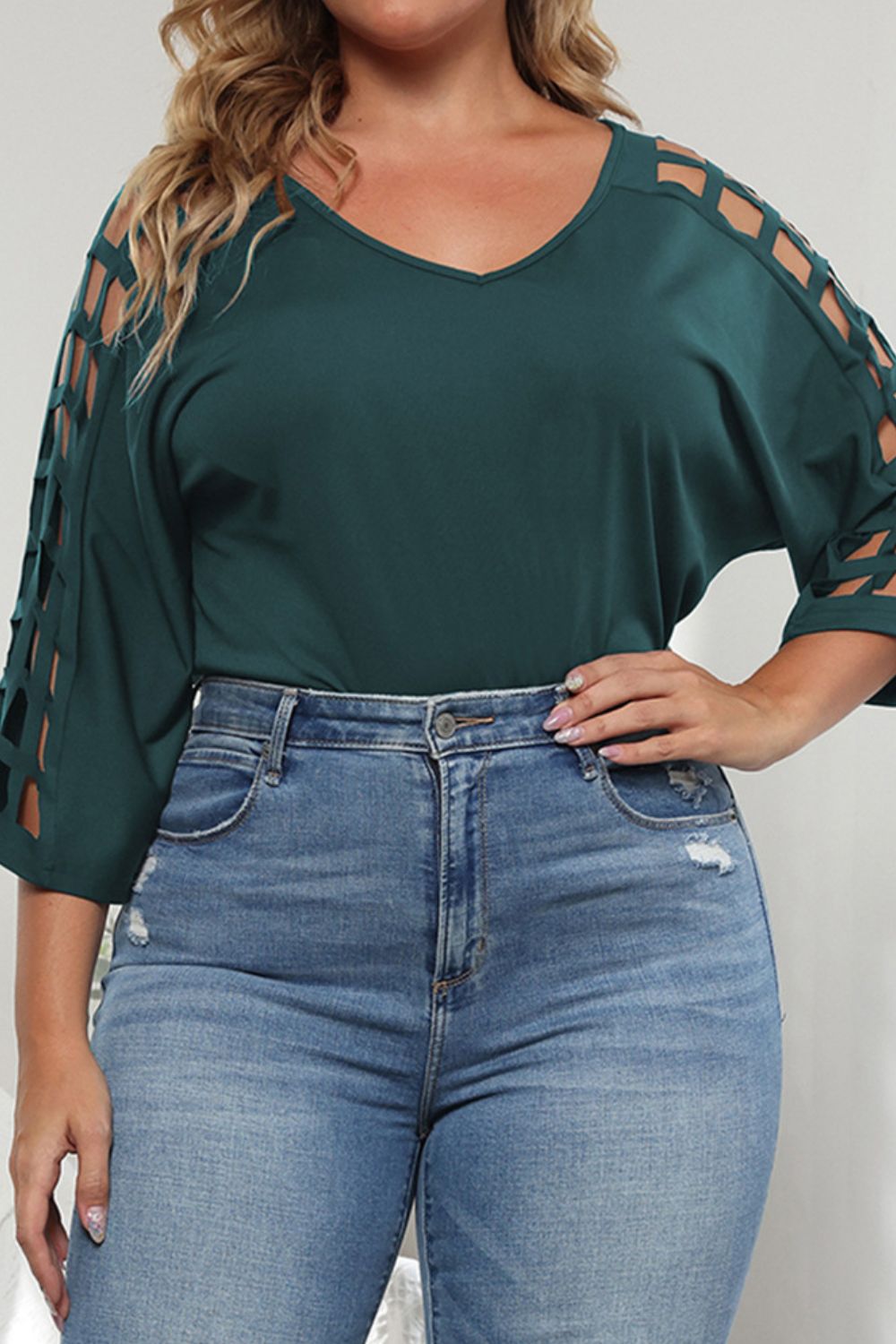 Plus Size Cutout Three-Quarter Sleeve Blouse  Shirts & Tops- Doll Fits