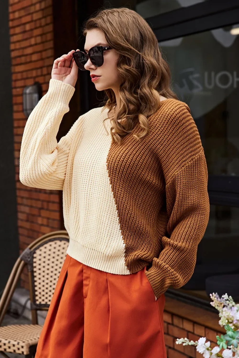 Double Take Two-Tone V-Neck Twisted Sweater  - Doll Fits