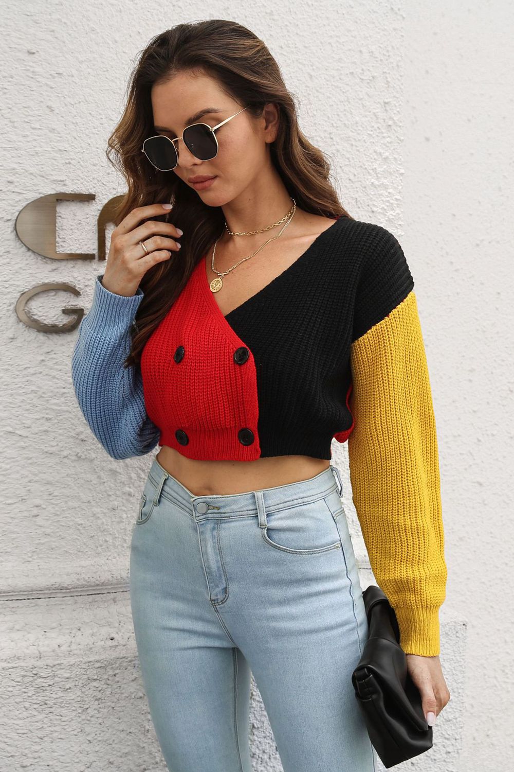 Cropped Contrast Color V- Neck Buttoned Cardigan  - Doll Fits