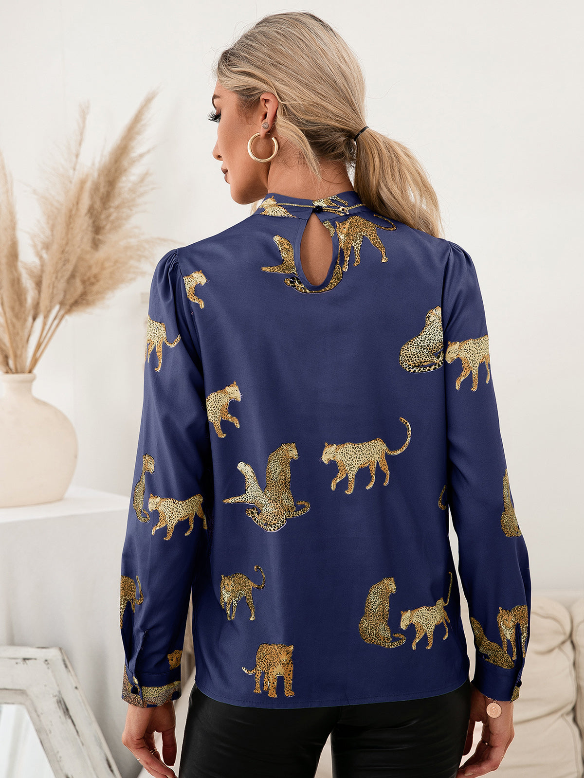 Leopard Graphic Mock Neck Puff Sleeve Blouse  Shirts & Tops- Doll Fits