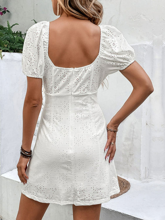 Bow Detail Eyelet Puff Sleeve Dress  Dresses- Doll Fits