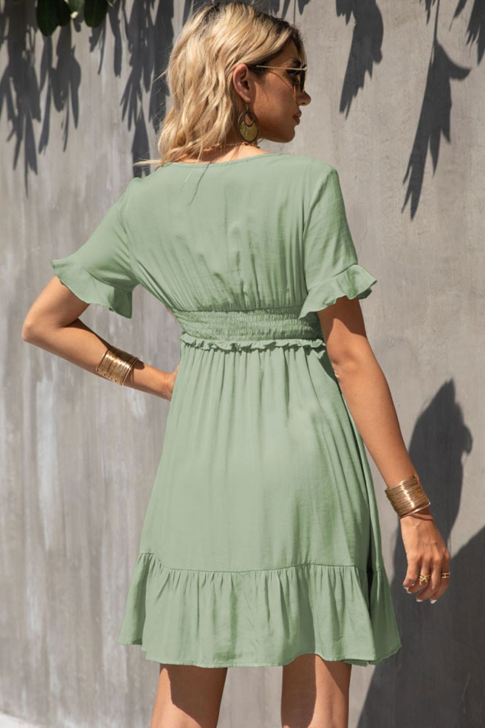 Smocked Waist Flounce Sleeve Ruffle Hem Dress  Dresses- Doll Fits