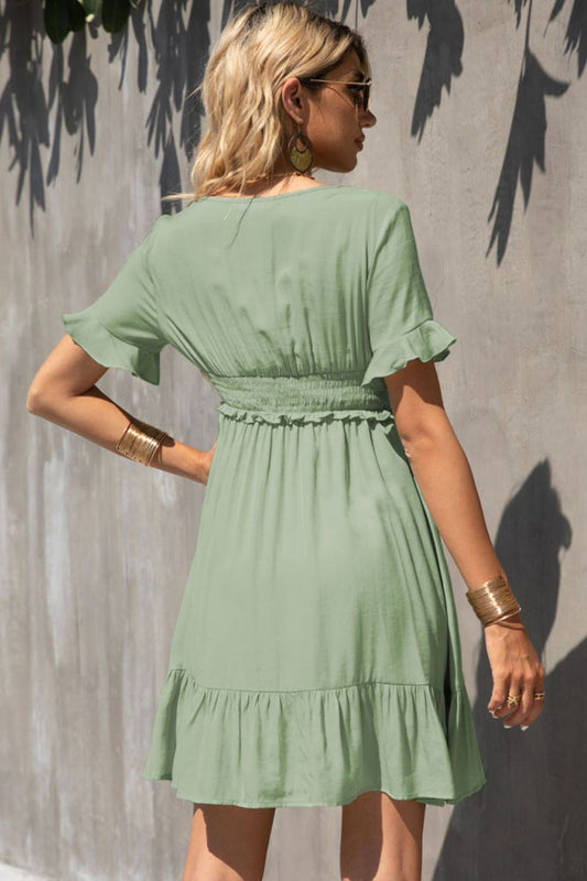 Smocked Waist Flounce Sleeve Ruffle Hem Dress  Dresses- Doll Fits