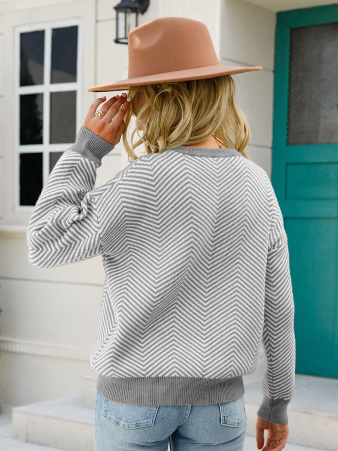 Chevron Ribbed Trim Dropped Shoulder Knit Pullover  Shirts & Tops- Doll Fits