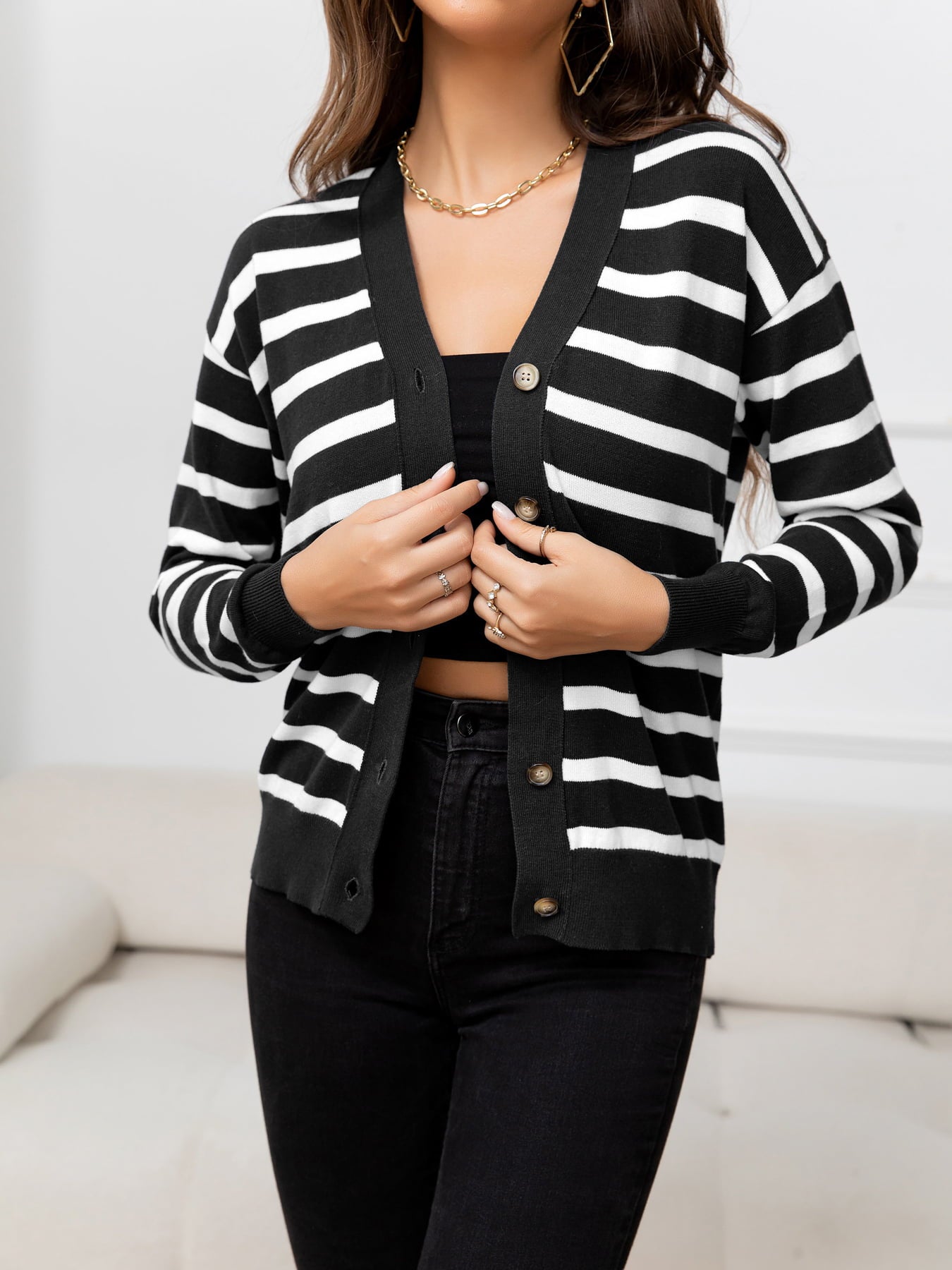 Striped Dropped Shoulder V-Neck Knit Top  - Doll Fits