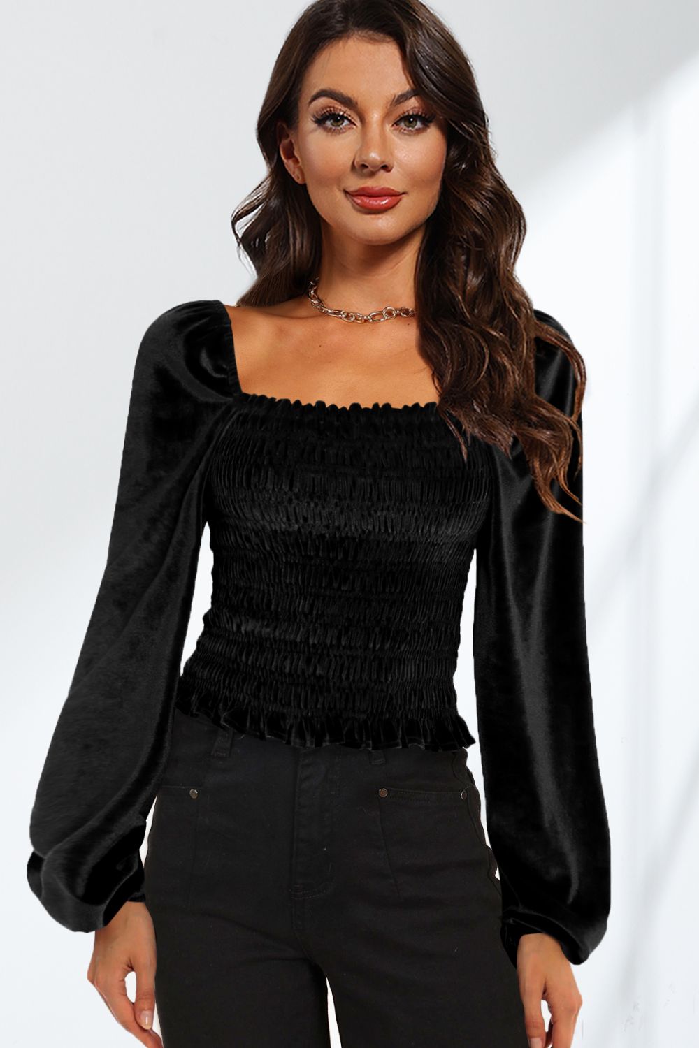 Double Take Smocked Square Neck Long Sleeve Blouse  - Doll Fits