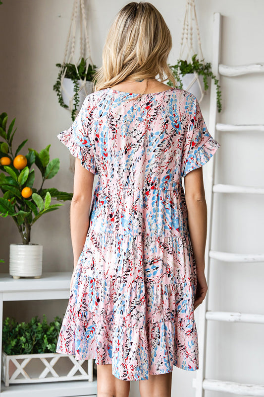Printed Short Flounce Sleeve Tiered Dress  Dresses- Doll Fits