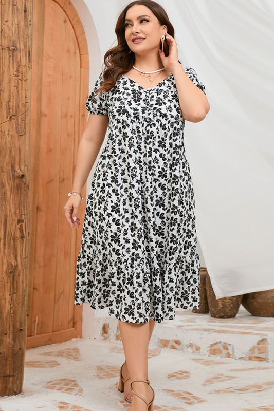 Plus Size Floral Short Sleeve Midi Dress  Dresses- Doll Fits