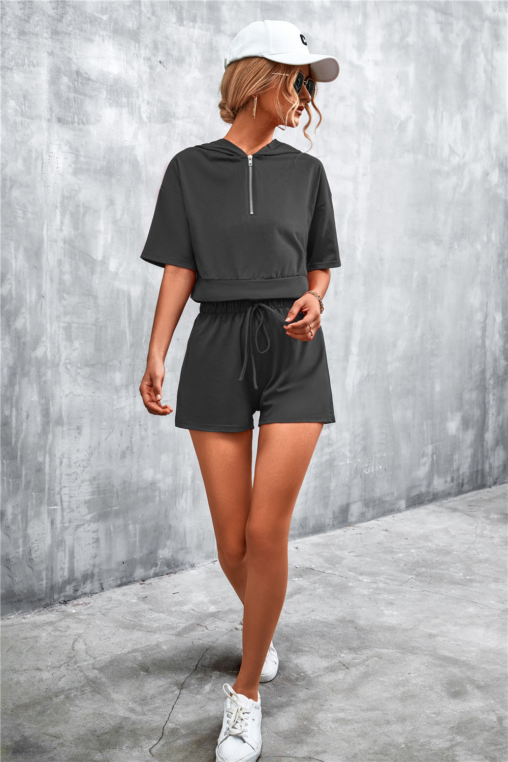 Half Zip Cropped Hooded T-Shirt and Shorts Set  Outfit Sets- Doll Fits