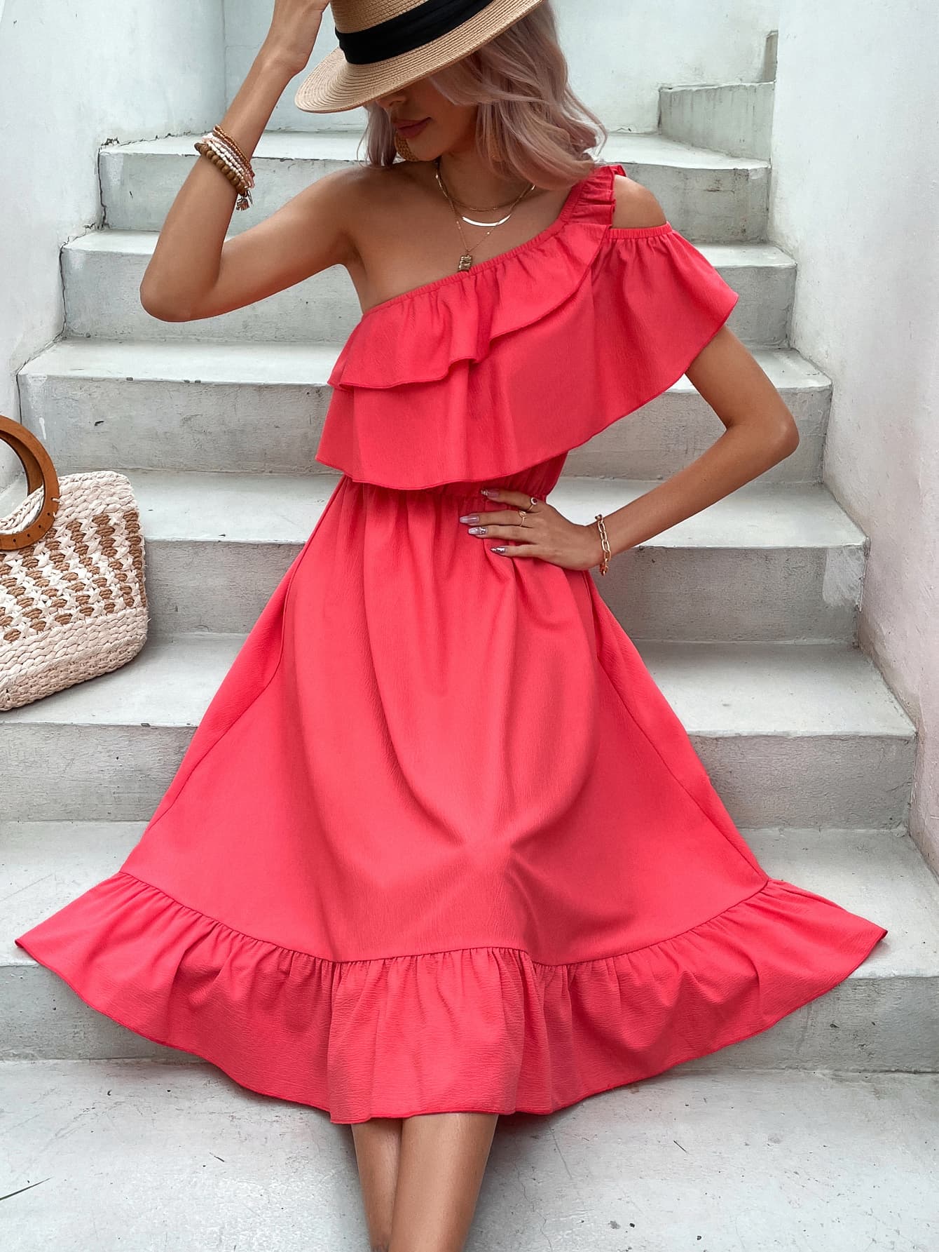 One-Shoulder Ruffle Hem Dress  Dresses- Doll Fits