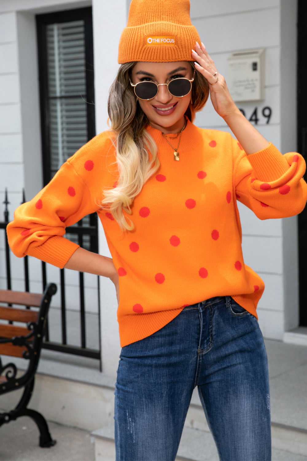 Woven Right Polka Dot Round Neck Dropped Shoulder Sweater  - Doll Fits
