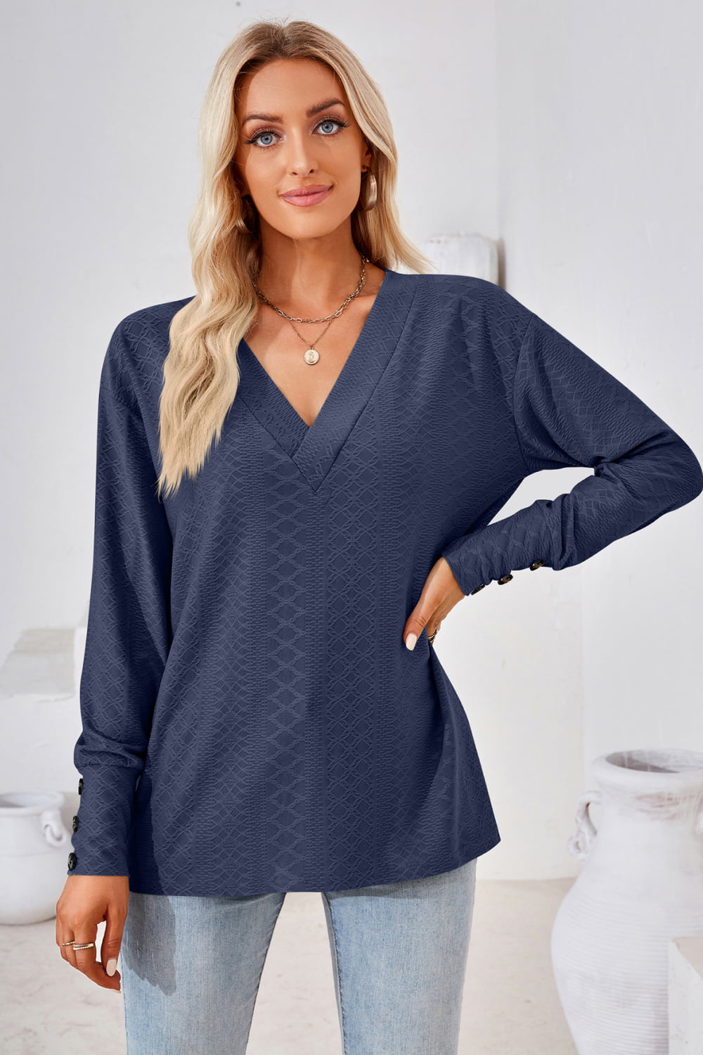 V-Neck Long Sleeve Blouse  - Doll Fits