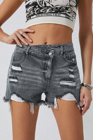 Asymmetrical Distressed Denim Shorts  - Doll Fits