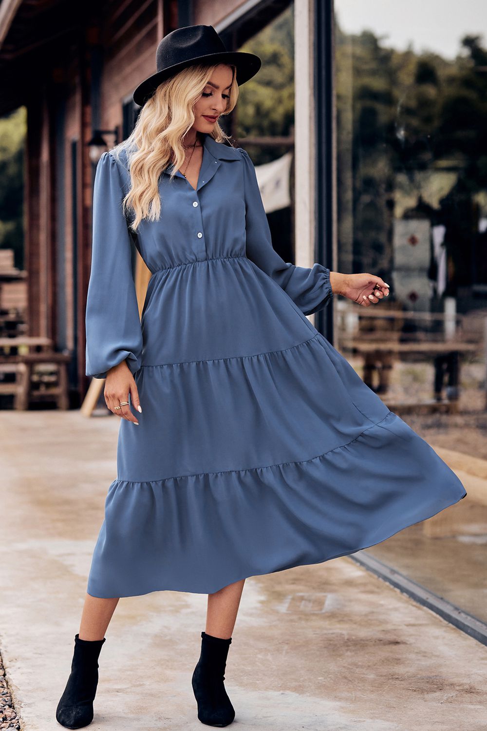 Collared Neck Long Sleeve Midi Dress  Dresses- Doll Fits