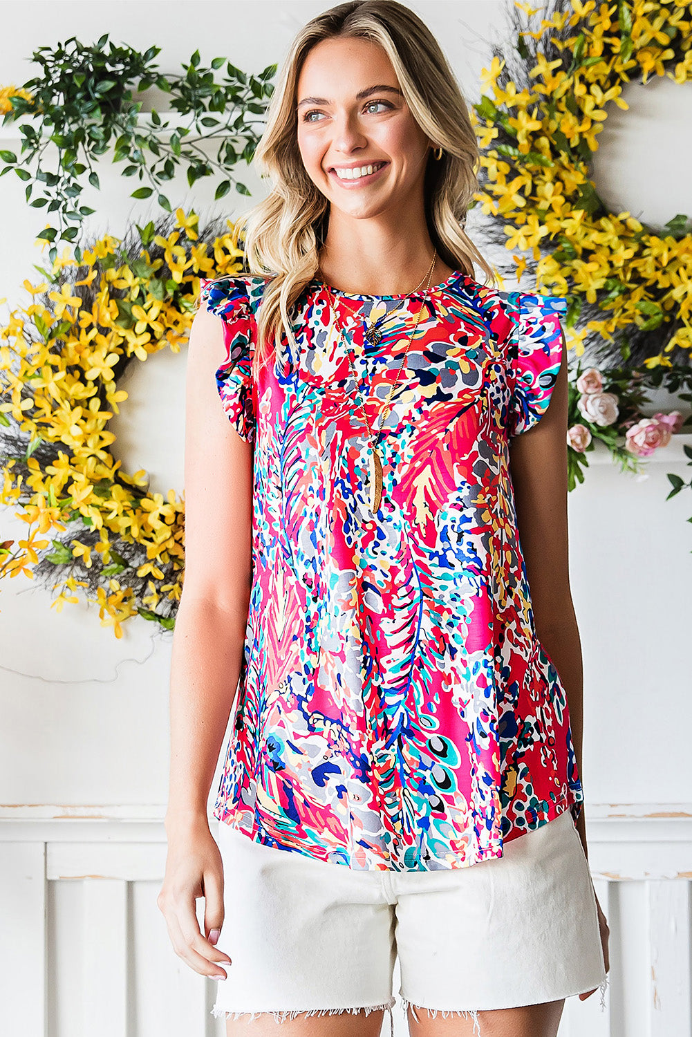 Abstract Print Ruffle Shoulder Top  Shirts & Tops- Doll Fits