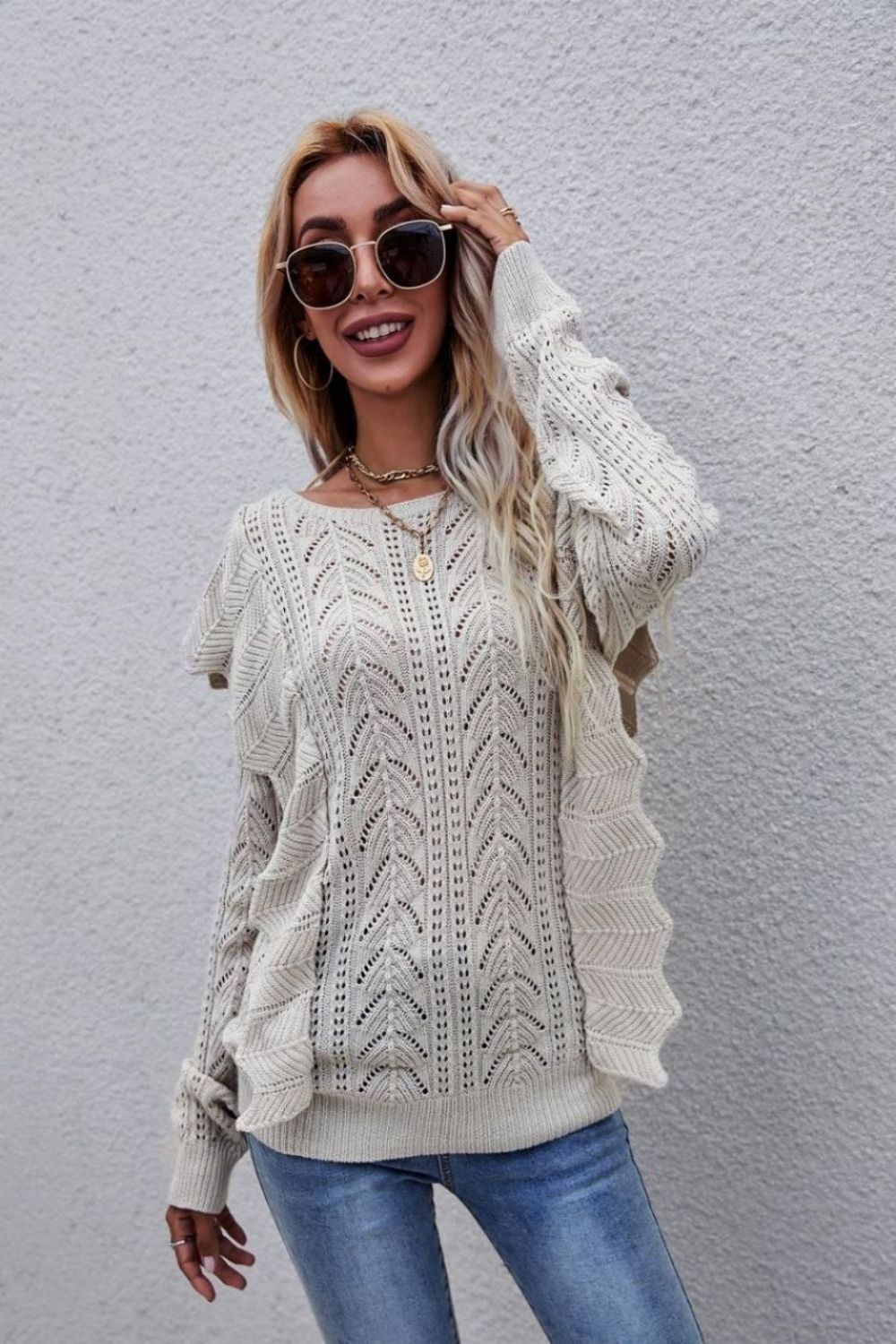 Openwork Round Neck Ruffled Sweater  Shirts & Tops- Doll Fits