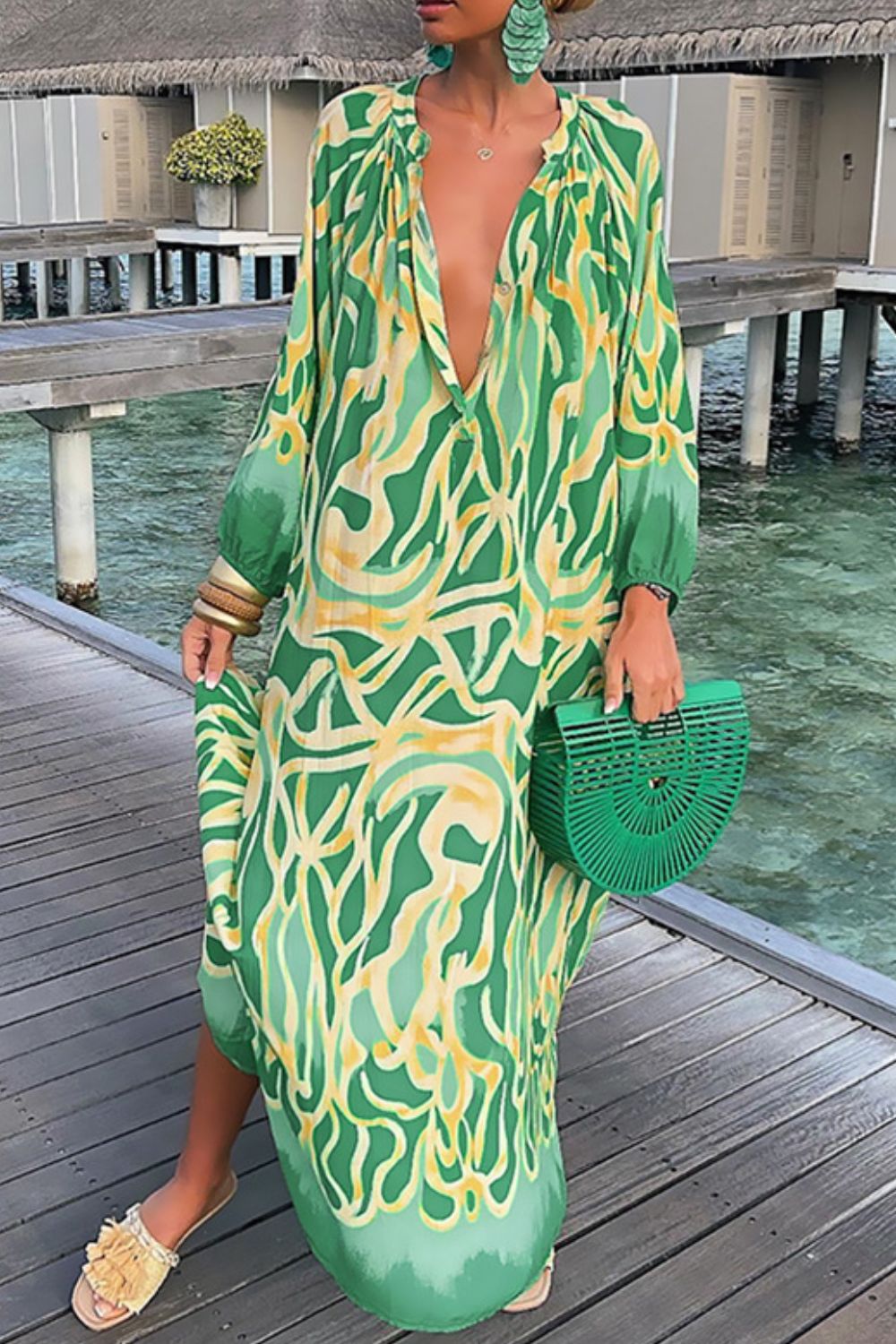 Abstract Print Buttoned Balloon Sleeve Dress  Dresses- Doll Fits