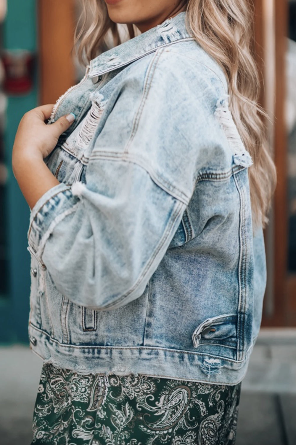 Distressed Drop Shoulder Denim Jacket  - Doll Fits